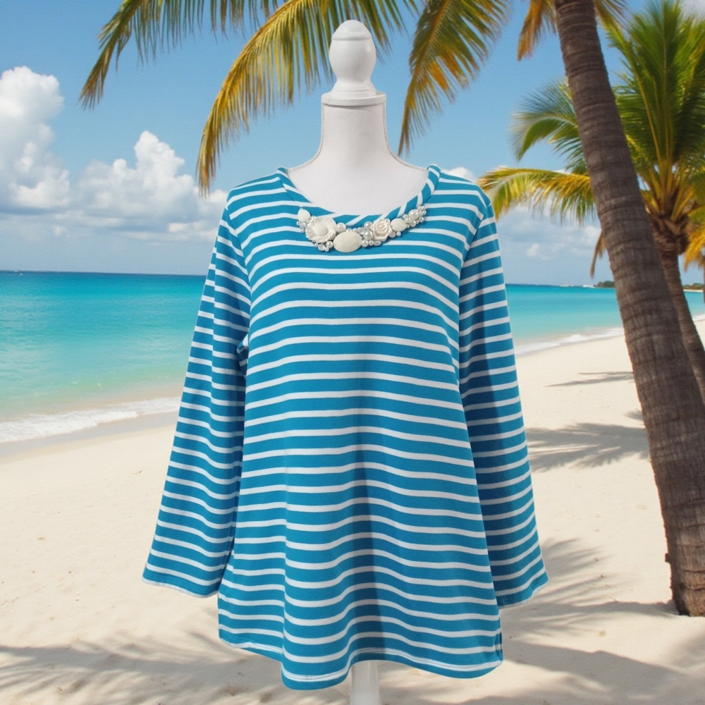 Susan Graver Teal and White Striped Long Sleeve Top PULLOVER XL